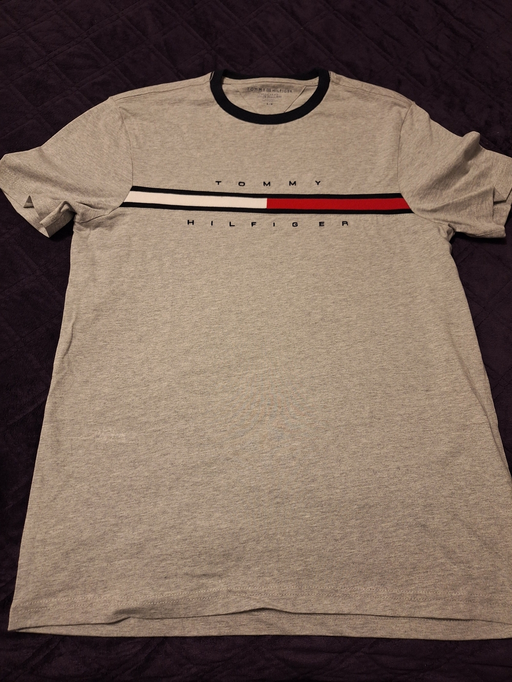 Tommy Hilfiger Heather Gray Tee with Red & Black Chest Stripe